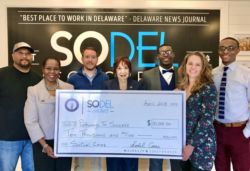 On Dec. 1, Giving Tuesday, SoDel Concepts will donate 100 percent of the sales from its 12 restaurants to SoDel Cares, the hospitality company’s philanthropic arm. Shown in back are (l-r) Corporate Chef Maurice Catlett, General Manager Jack Temple, and Pathways to Success graduates Tyson Hicks and Jawon Sivel. In front are Pathways to Success Executive Director Faye Blake, Community Outreach Coordinator Sarah Gilmour and Lindsey Barry, controller for SoDel Concepts. SUBMITTED PHOTO